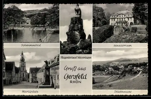 AK Gersfeld /Rhön, Schwimmbad, Fliegerdenkmal Wasserkuppe, Marktplatz, Sanatorium, Totalansicht