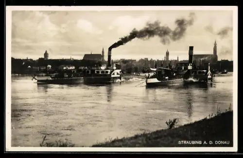 AK Straubing a. d. Donau, Dampfschiffe auf der Donau mit Stadtpanorama
