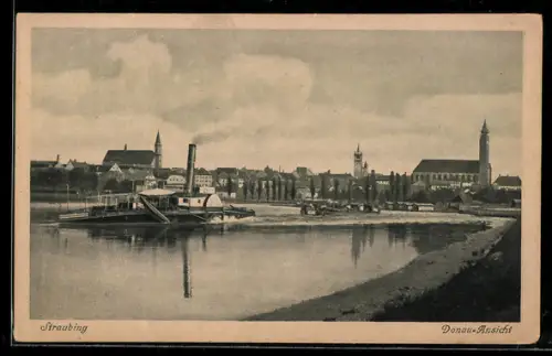 AK Straubing, Donau-Ansicht, Dampfer, Panorama