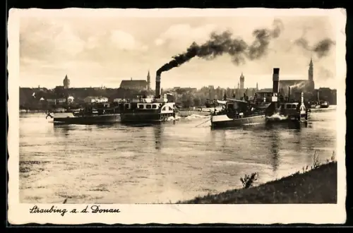 AK Straubing a. d. Donau, Dampfschiffe auf der Donau mit Stadtpanorama