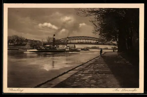 AK Straubing, Am Donauufer, Dampfschiff, Brücke