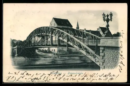 AK Straubing, Donaubrücke, Panorama mit Kirchturm