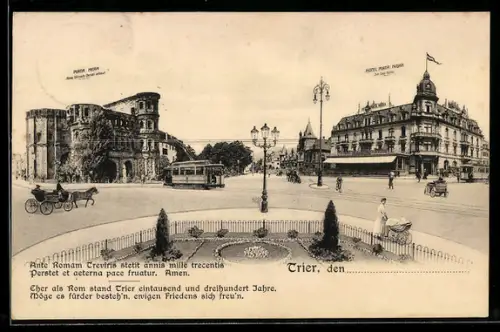 AK Trier, Hotel Porta Nigra, Strassenbahn