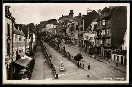 AK Marburg, Steinweg mit Gasthaus Zur alten Post und Litfasssäule