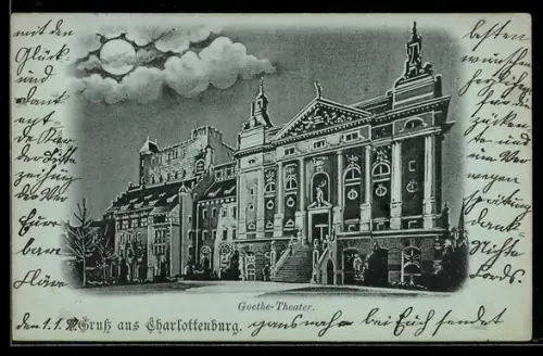Mondschein-AK Berlin-Charlottenburg, Goethe-Theater
