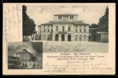 AK Stuttgart, Königliches Hoftheater, abgebrannt 1902, und das kleine Theater, abgebrannt 1802