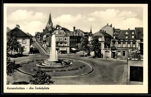 AK Kaiserslautern, Bäckerei Hexenbäcker am Fackelplatz mit Brunnen