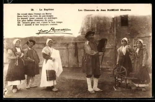 AK Berry, Einwohner in Tracht, Frauen mit Spinnrad, Mann mit Musikinstrument