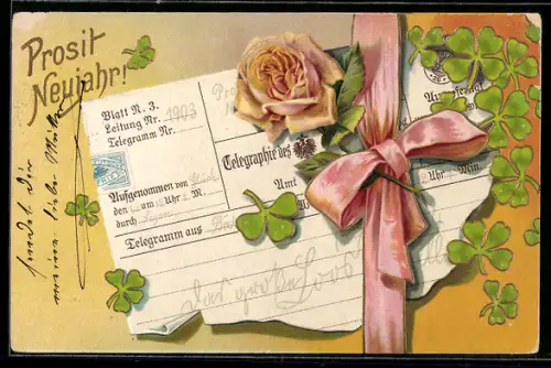 AK Neujahrsgruss, Kleeblätter, Rose, Postgeschichte, Telegrammausdruck