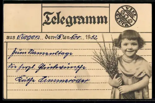 AK Siegen, Telegrammkarte und Kind mit Sträuchern