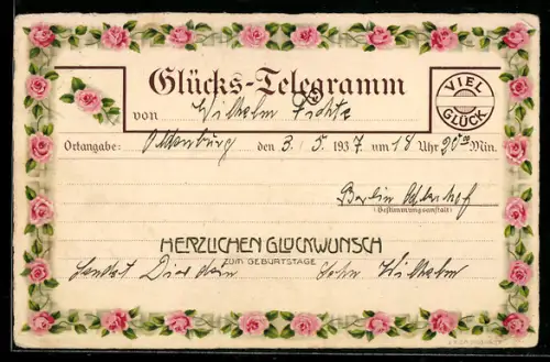 AK Glücks-Telegramm mit Rosenrahmen, Postgeschichte