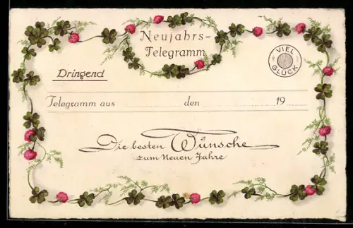 AK Neujahrs-Telegramm mit blühendem Klee, Postgeschichte