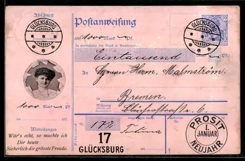 AK Überweisungsscheck über eintausend Reichsmark mit Portrait einer Frau, Postgeschichte