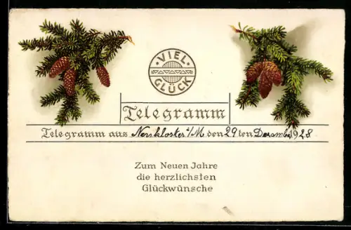 Lithographie Telegramm mit Tannenzweigen, Neujahrsgruss