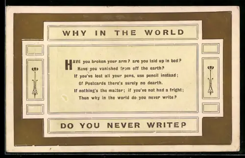 AK Erinnerungskarte für Schreibfaule, Why in the world do you never write?