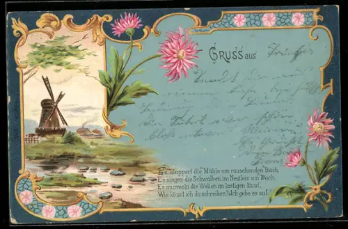 AK Erinnerungskarte für Schreibfaule mit Mühle und blühenden Blumen