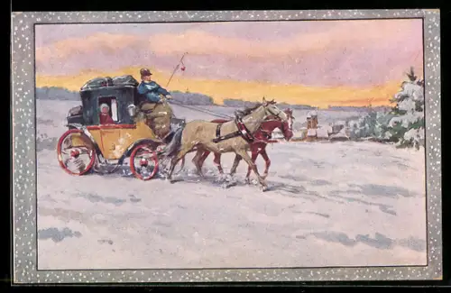AK Postkutsche fährt durch eine Winterlandschaft