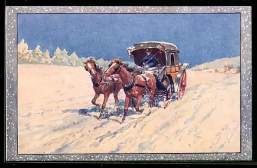 AK Postkutsche fährt durch eine verschneite Landschaft