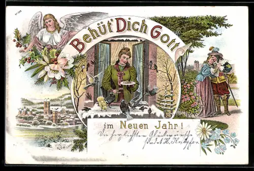 Lithographie Behüt Dich Gott im Neuen Jahr!, Mädchen und Trompeter von Säckingen