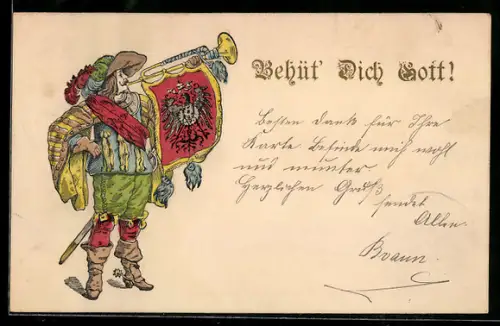Präge-AK Trompeter von Säckingen mit hohen Stiefeln und Schwert, Behüt Dich Gott!