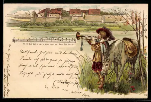AK Trompeter von Säckingen vor einem Ort mit Pferd, Behüt Dich Gott!