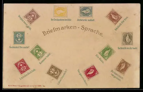 Präge-AK Verschiedene Briefmarken für Briefmarkensprache angeordnet, Vergiss mich nicht, In Gedanken bei dir
