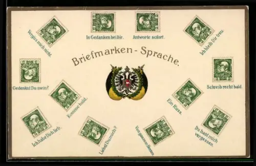 Präge-AK Briefmarkensprache, Gedenkst du mein?, Vergiss mich nicht, Schreib recht bald