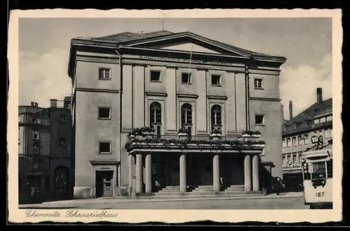 AK Chemnitz, Schauspielhaus mit Strassenbahn