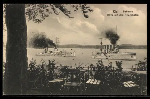 AK Kiel, Hotel Bellevue mit Blick auf den Kriegshafen