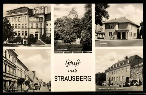 AK Strausberg, Postamt, Sparkasse mit alter Stadtmauer, Dieserweg-Schule und Grosse Strasse