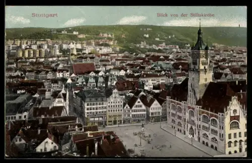 AK Stuttgart, Blick von der Stiftskirche auf den Ort