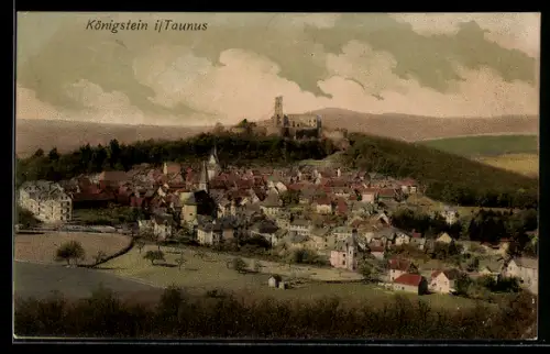 AK Königstein, Panoramaansicht, über dem Ort die Burg