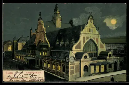 AK Essen, Hauptbahnhof bei Nacht