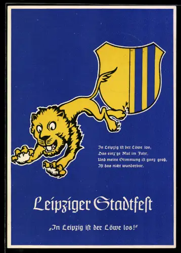 AK Leipzig, Leipziger Stadtfest 1939, Löwe springt vom Wappen, In Leipzig ist der Löwe los...