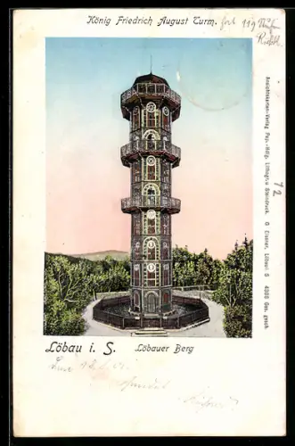 Goldfenster-AK Löbau i. S., König Friedrich August-Turm auf dem Löbauer Berg