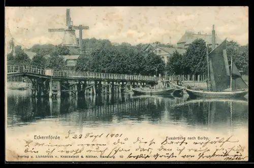 AK Eckernförde, Fussbrücke nach Borby mit Windmühle