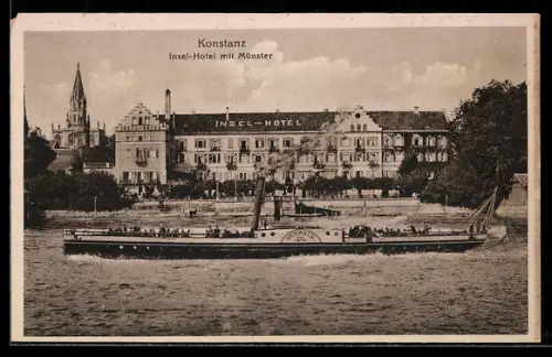 AK Konstanz, Insel-Hotel mit Münster und Dampfer Schweiz