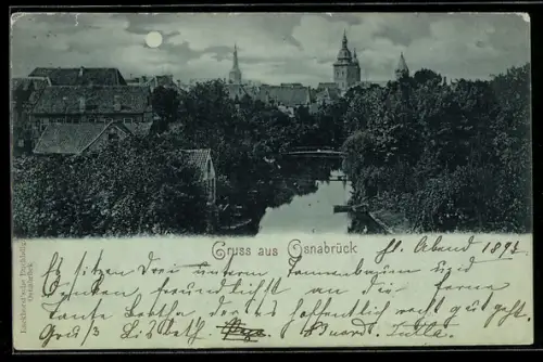 Mondschein-AK Osnabrück, Teilansicht mit Brücke