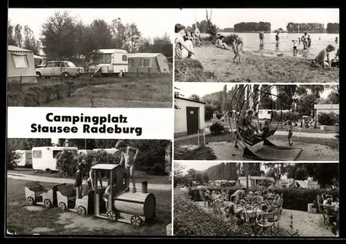 AK Radeburg, Campingplatz am Stausee, Badesee, Eisenbahn