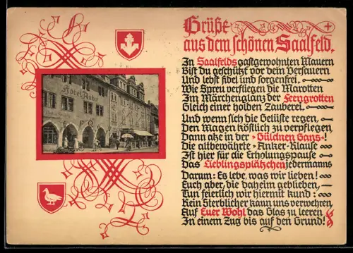 Passepartout-AK Saalfeld /Saale, Hotel Anker / Güldne Gans mit Strasse, Wappen und Gedicht