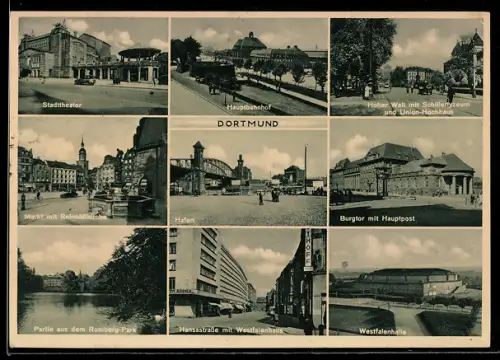 AK Dortmund, Stadttheater, Hauptbahnhof, Markt mit Reinoldikirche, Hafen, Burgtor mit Hauptpost, Westfalenhalle