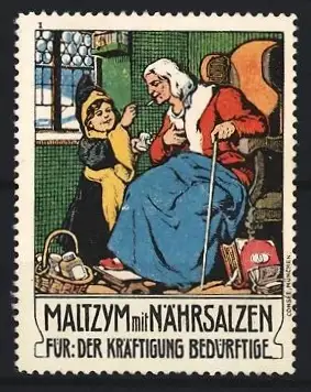 Reklamemarke Maltzym mit Nährsalzen, Münchner Kindl verabreicht älterer Dame Medizin