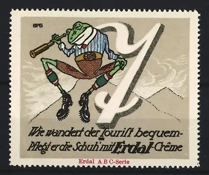 Reklamemarke Erdal, Wie wandert der Tourist bequem, Frosch als Bergsteiger mit Fernrohr
