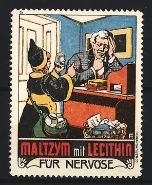 Künstler-Reklamemarke Max Freese, Maltzym mit Lecithin, Münchner Kindl und Kunde