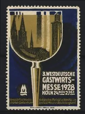 Reklamemarke Köln, 3. Westdeutsche Gastwirtsmesse 1928, Kelch und Dom-Silhouette