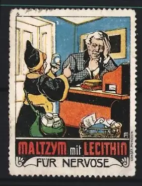 Künstler-Reklamemarke Max Freese, Maltzym mit Lecithin, Münchner Kindl und Patient