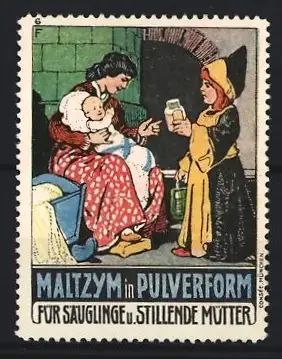 Künstler-Reklamemarke Max Freese, Maltzym in Pulverform, Mutter mit Kind und Frau mit Flasche