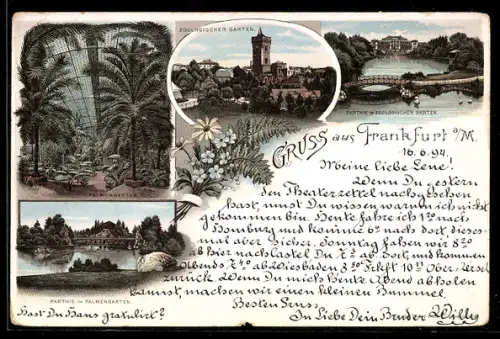Vorläufer-Lithographie Frankfurt-Westend, 1894, Zoologischer Garten mit Partie im Palmengarten