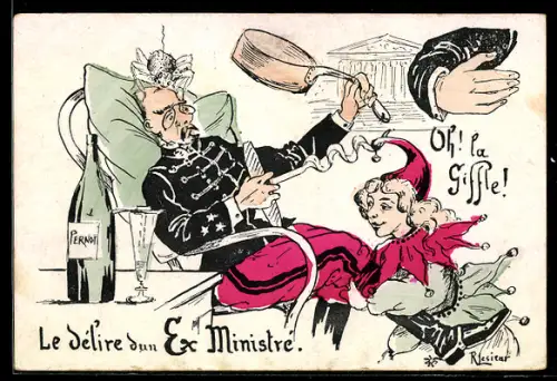 Künstler-AK Ex-Minister mit Weinflasche, Karikatur