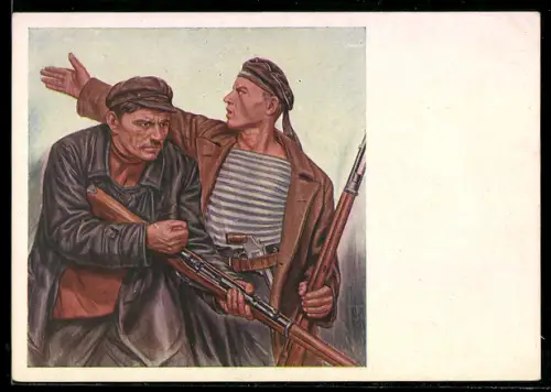 AK Oktoberrevolution, Matrose und Mann mit Gewehren
